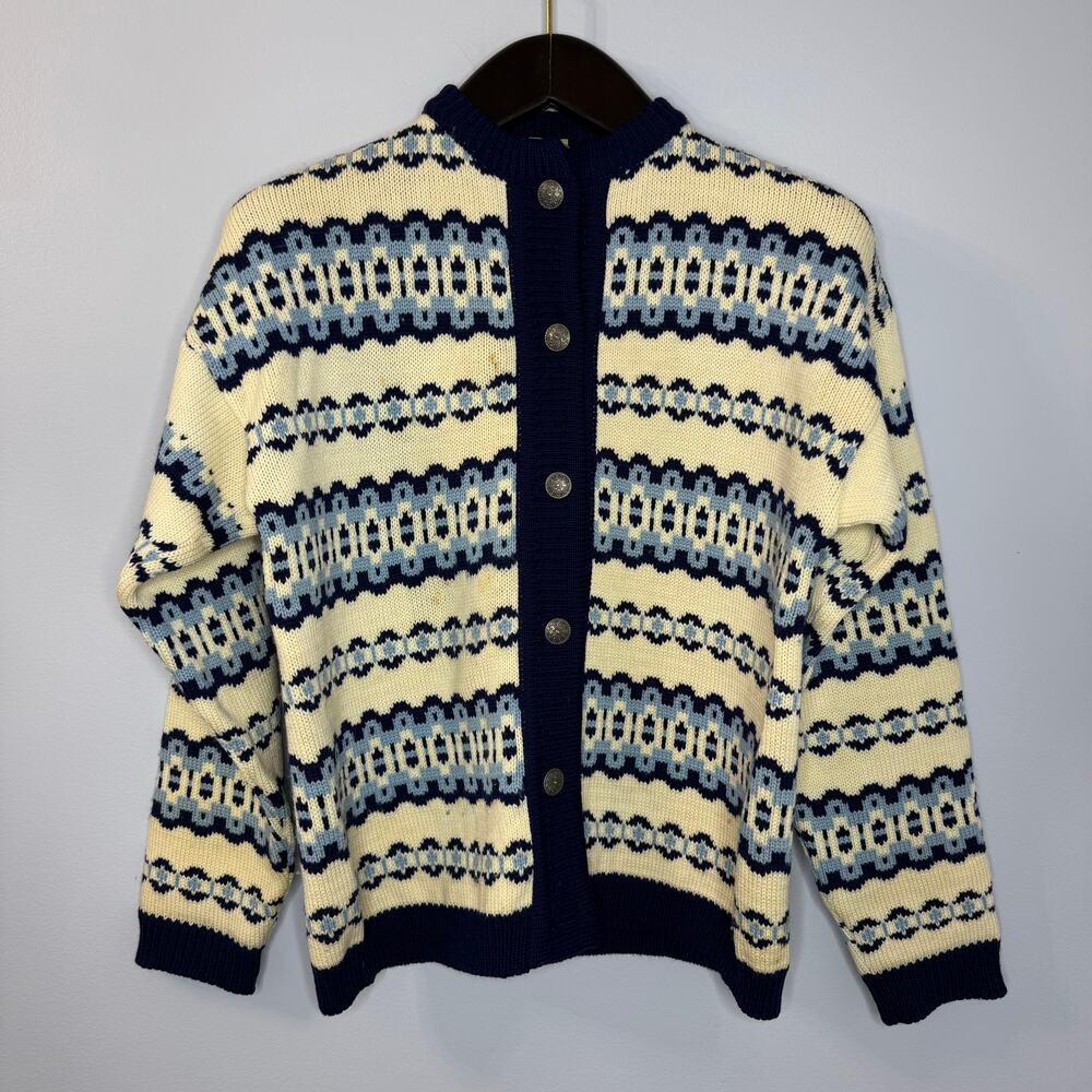 Vintage Norwegian Hand Knitted Wool Fair Isle Traditional Cardigan Sweater Sz M
